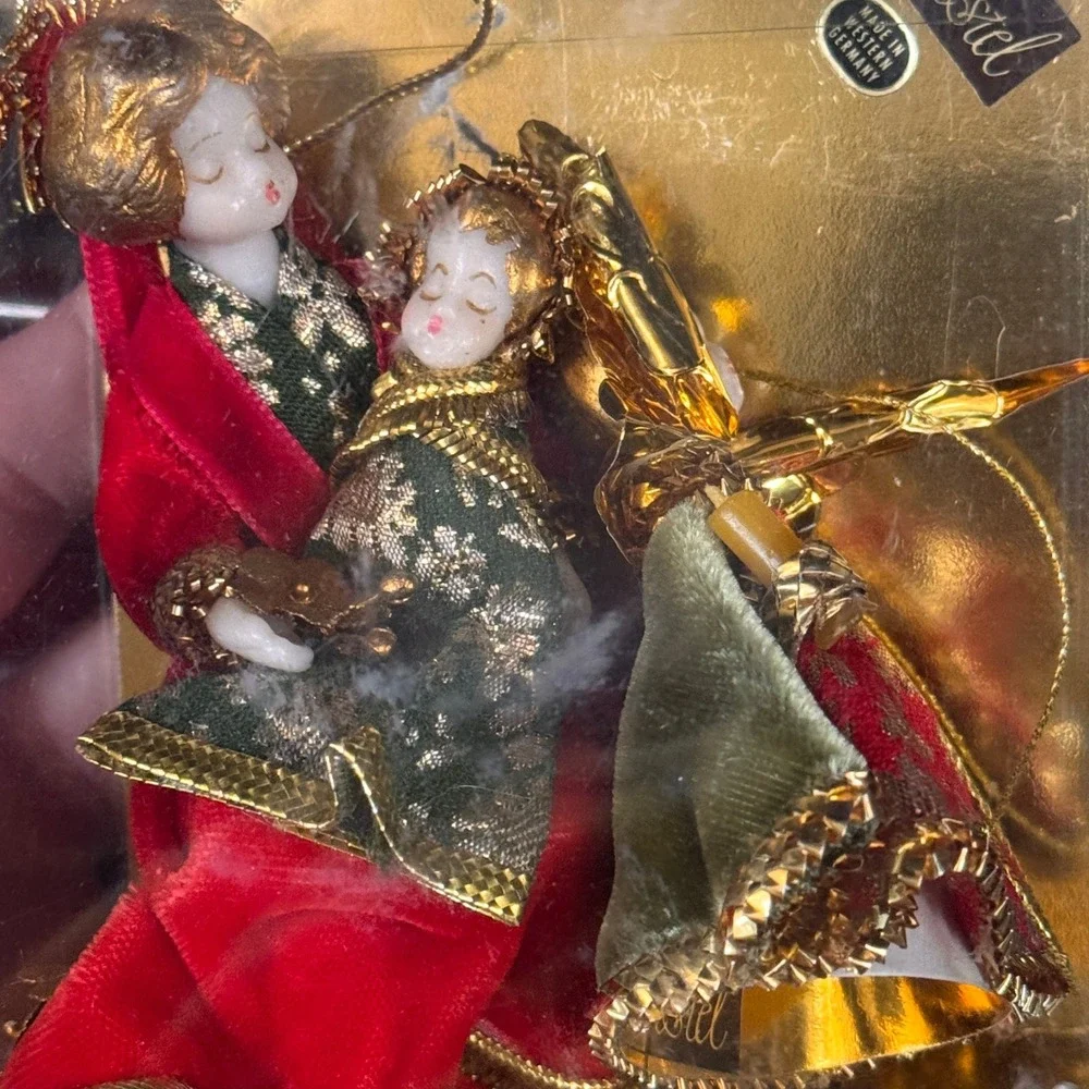 Koestel Germany Vintage Wax Face Velvet Red Green Gold Angel Madonna and Child